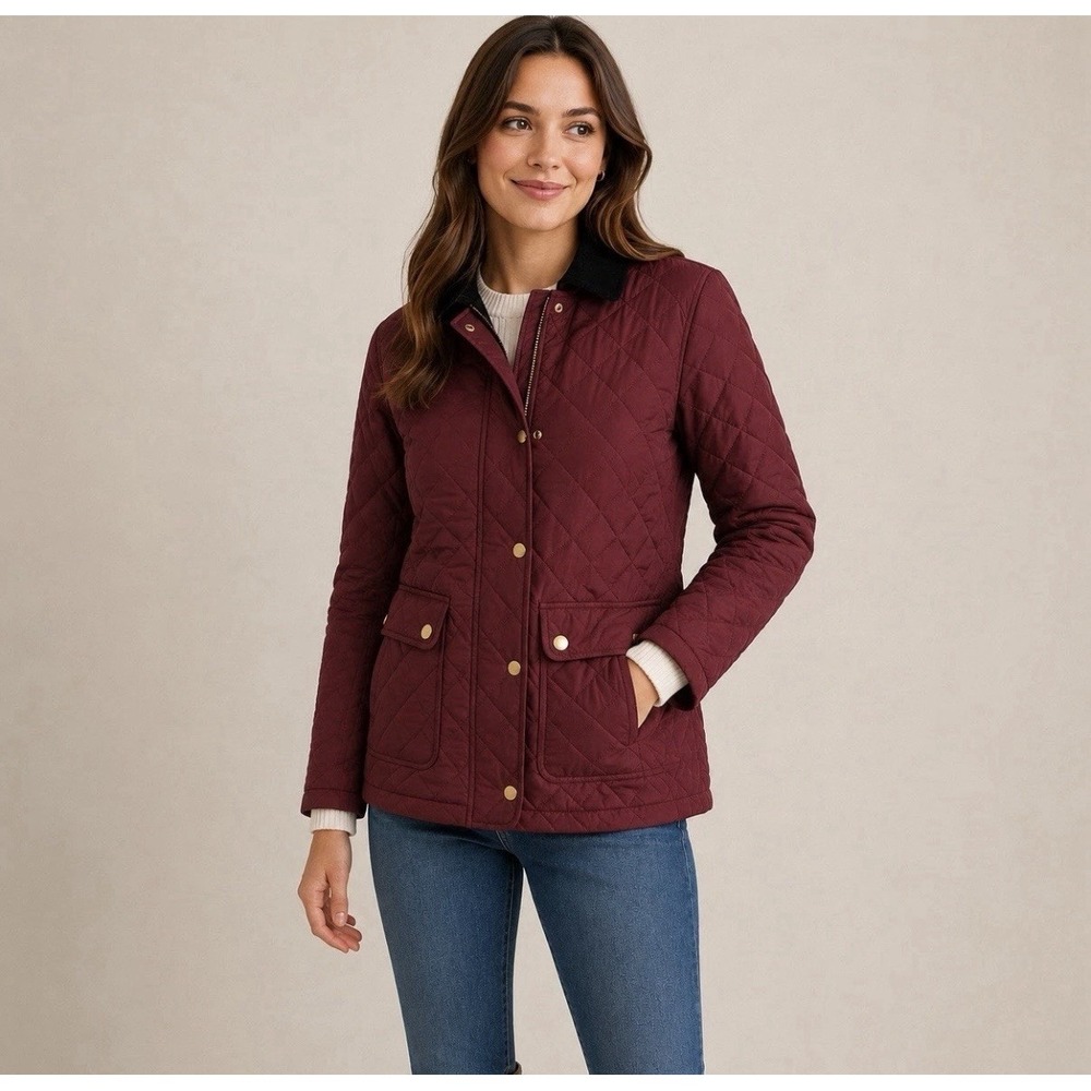 J. Crew Women's Medium Quilted Barn Jacket Burgundy Corduroy Collar Down Coat